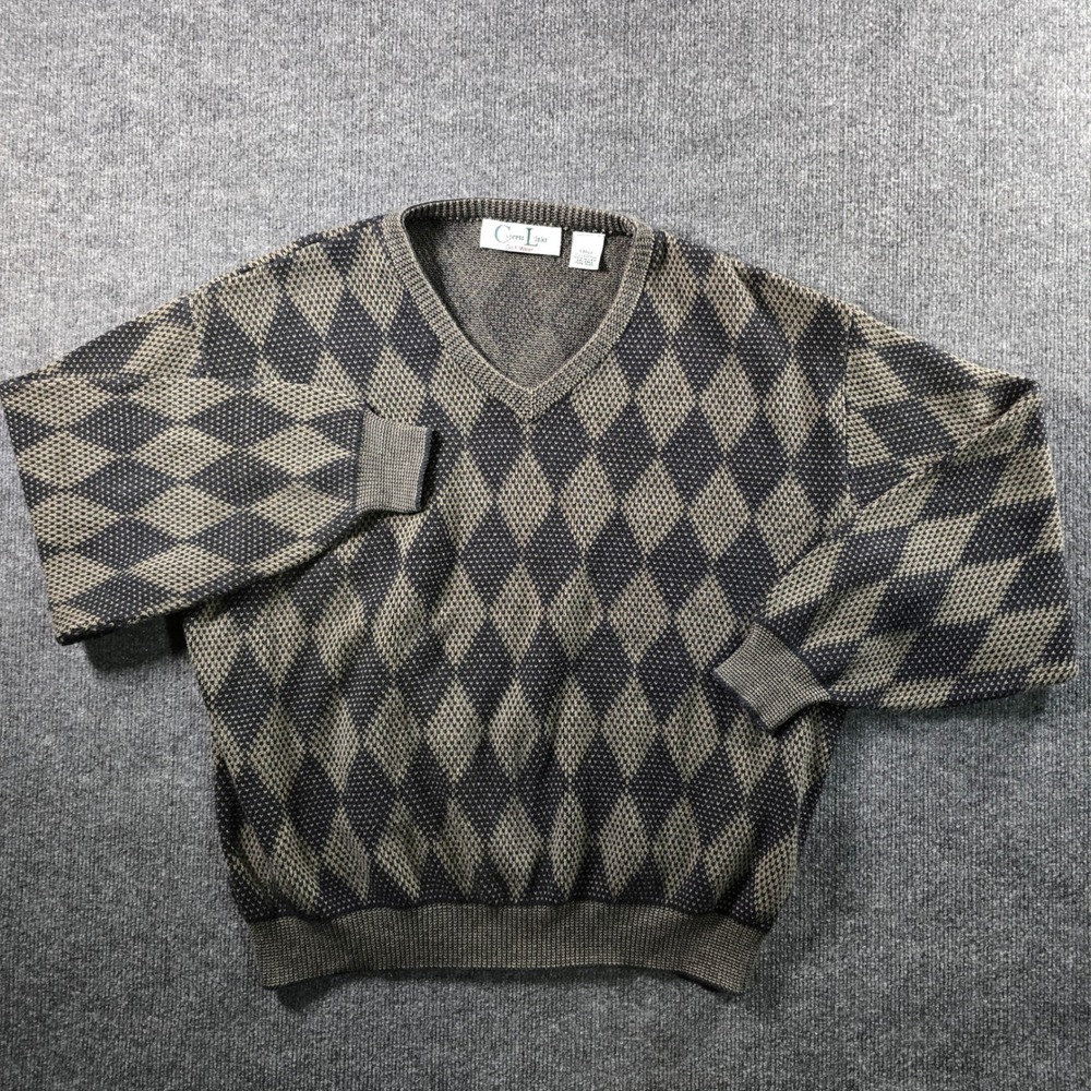 Cypress Links Golf Wear Mens Large Argyle V-Neck Sweater Brown Black Cotton USA